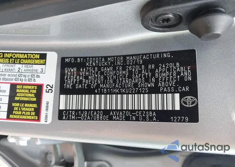 2019 Toyota Camry L/Le/Xle/Se/Xse из США, поврежденный, VIN 4T1B11HK1KU227125